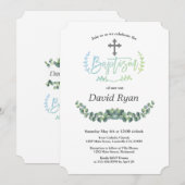 Invitation Aquarelle moderne Eucalyptus Cross Baptême (Devant / Derrière)