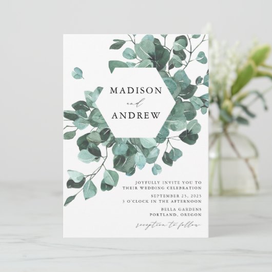 Invitation Aquarelle moderne Eucalyptus Mariage de verdure (Debout devant)