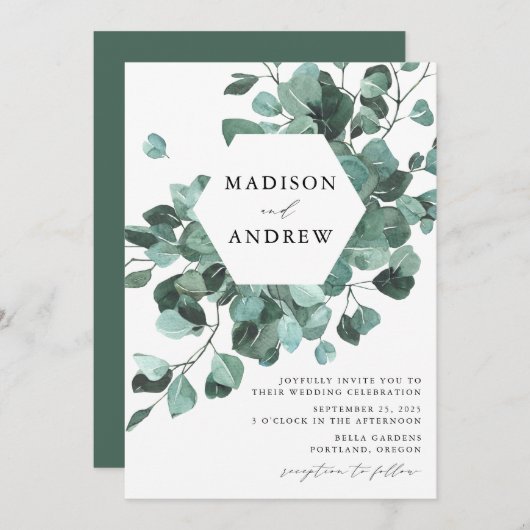 Invitation Aquarelle moderne Eucalyptus Mariage de verdure (Devant / Derrière)