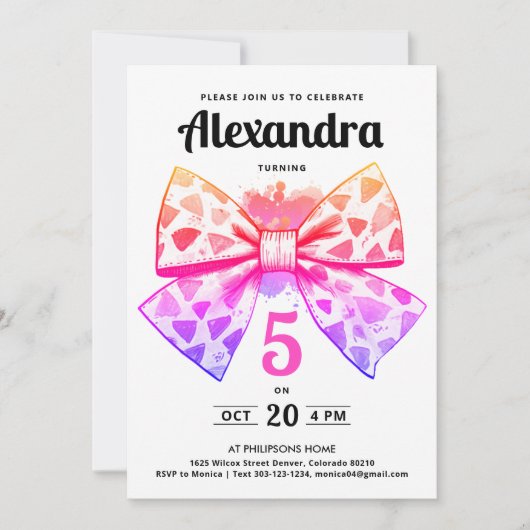 Invitation Aquarelle moderne Fille Rose Gradient Bow Annivers (Devant)