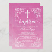 Invitation Aquarelle moderne Filles Baptême Croix de baptême (Devant / Derrière)