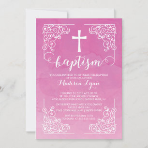 Invitation Aquarelle moderne Filles Baptême Croix de baptême
