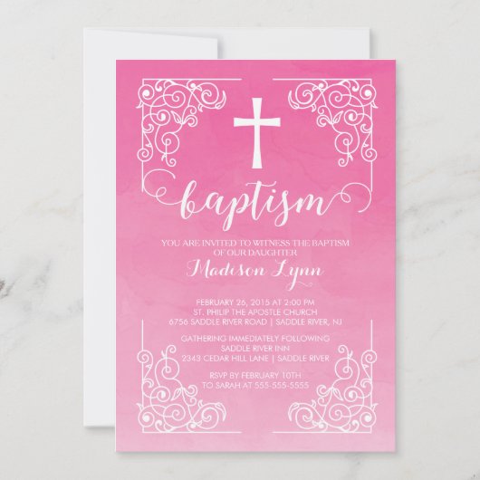 Invitation Aquarelle moderne Filles Baptême Croix de baptême (Devant)