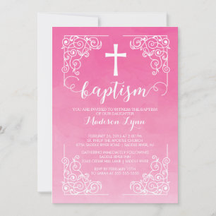 Invitation Aquarelle moderne Filles Baptême Croix de baptême