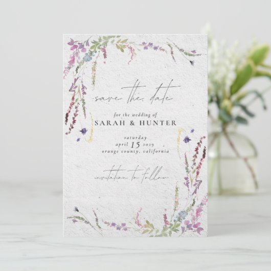 Invitation Aquarelle moderne Fleur sauvage Enregistrer la dat (Debout devant)