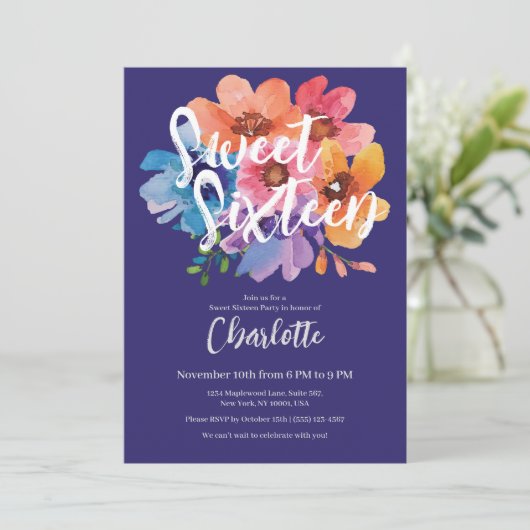 Invitation Aquarelle moderne Fleur Sweet 16 Party (Debout devant)