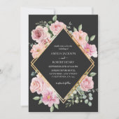 Invitation Aquarelle moderne fleurie Noir et or Mariage (Devant)