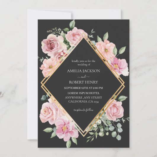 Invitation Aquarelle moderne fleurie Noir et or Mariage (Devant)