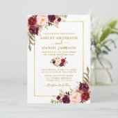 Invitation Aquarelle moderne Floral Bourgogne Mariage Or (Debout devant)
