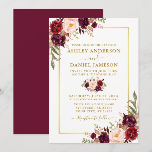 Invitation Aquarelle moderne Floral Bourgogne Mariage Or (Devant / Derrière)