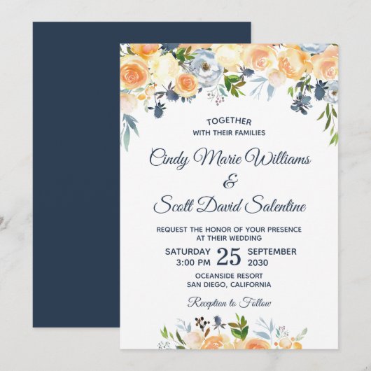 Invitation Aquarelle moderne Floral Coral Marine Mariage bleu (Devant / Derrière)