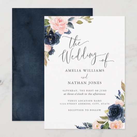 Invitation Aquarelle moderne Floral Marine Blush Mariage (Devant / Derrière)