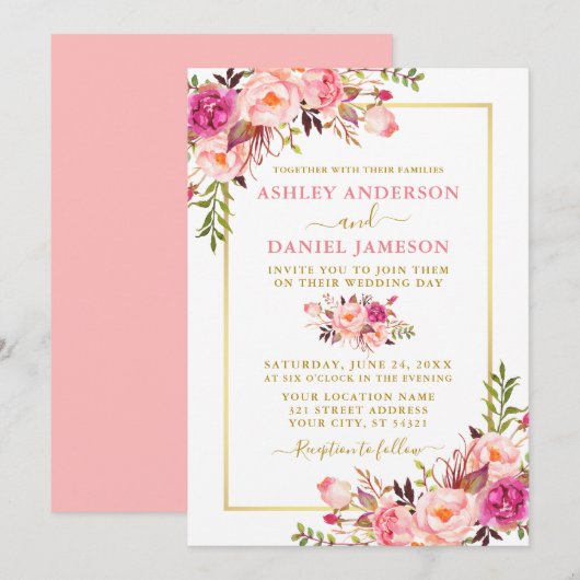 Invitation Aquarelle moderne Floral rose Blush Mariage or (Devant / Derrière)