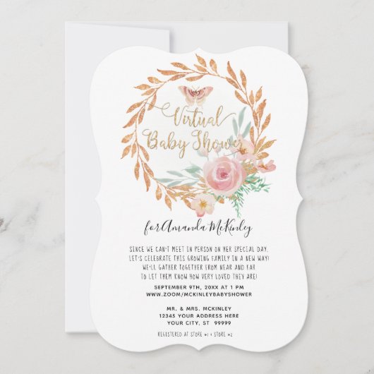 Invitation Aquarelle moderne Floral Rose Or Douche virtuelle (Devant)
