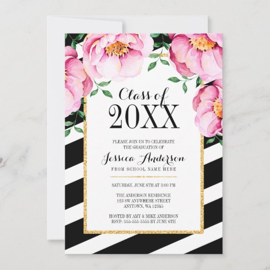 Invitation Aquarelle moderne Floral Stripes Graduation Party (Devant)