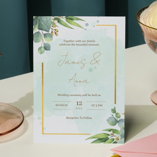 Invitation Aquarelle moderne Floral Vert & Or Mariage
