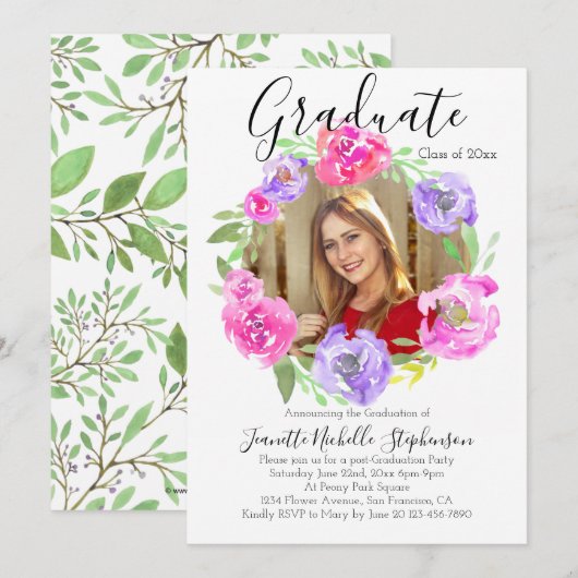 Invitation Aquarelle Moderne Floral Wreath Photo Graduation (Devant / Derrière)