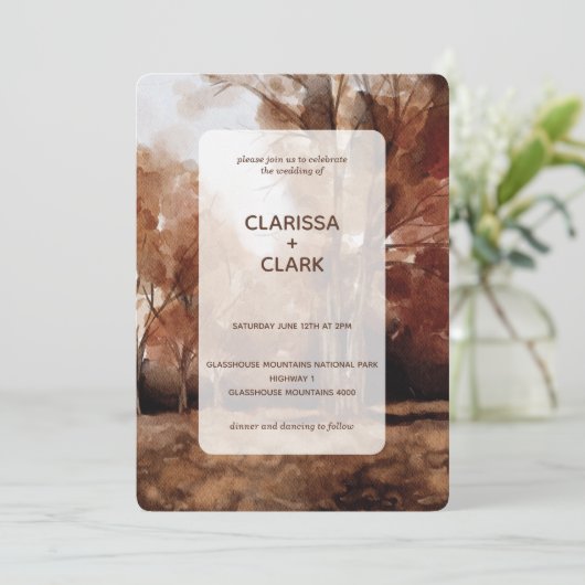 Invitation Aquarelle moderne Forrest Mariage paysage d'automn (Debout devant)
