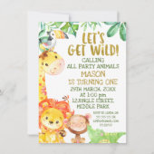 Invitation Aquarelle moderne Gold Safari Animaux Anniversaire (Devant)