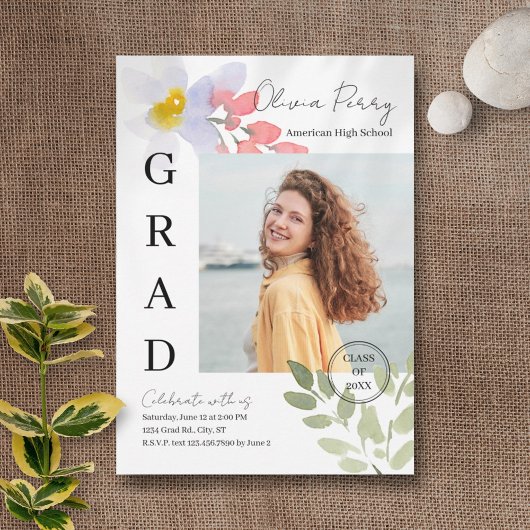 Invitation Aquarelle moderne Graduation florale