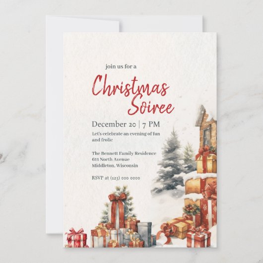 Invitation Aquarelle moderne hiver Rouge Vert Noël (Devant)