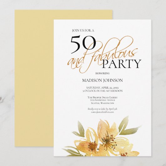 Invitation Aquarelle moderne Jaune 50 et Fabuleux anniversair (Devant / Derrière)