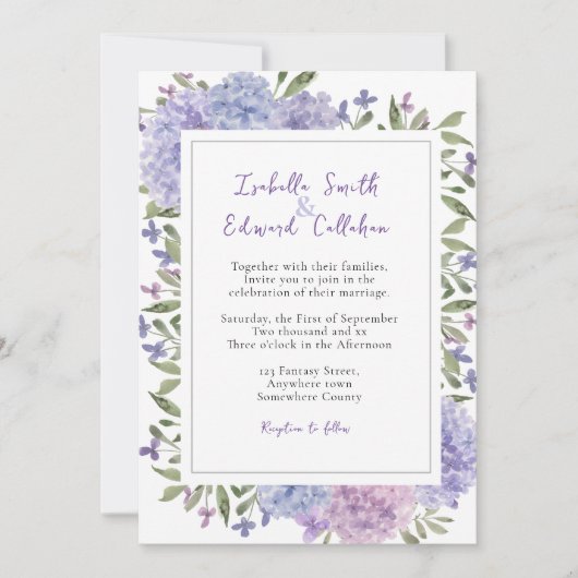 Invitation Aquarelle moderne Lilac Blue Hydrangeas Mariage (Devant)