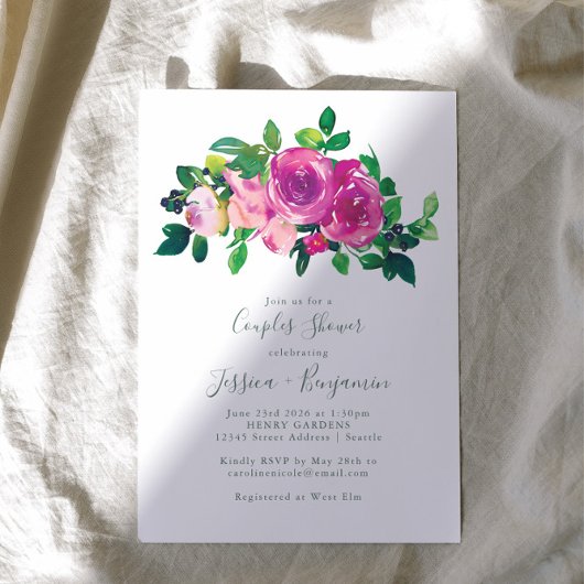 Invitation Aquarelle moderne Magenta Floral Couples Douche