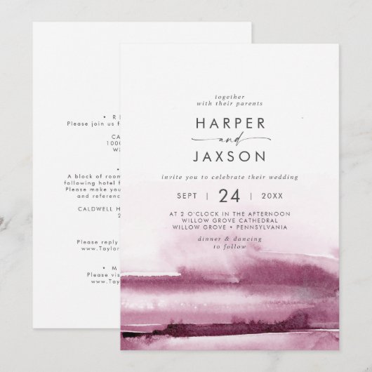 Invitation Aquarelle moderne | Mariage avant et arrière rouge (Devant / Derrière)