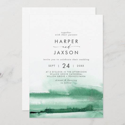 Invitation Aquarelle moderne | Mariage avant et arrière vert (Devant / Derrière)