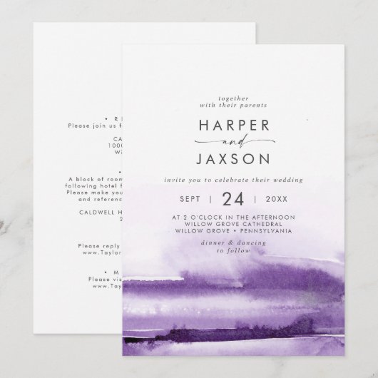 Invitation Aquarelle moderne | Mariage avant et arrière viole (Devant / Derrière)