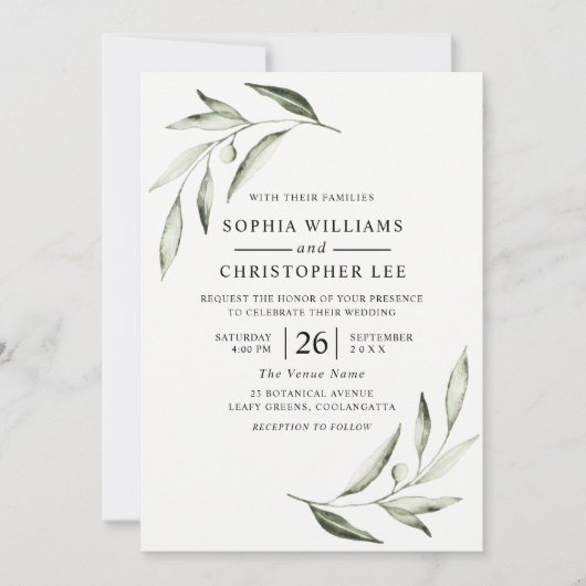 Invitation Aquarelle moderne Mariage feuille verte d'olive (Devant)