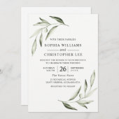 Invitation Aquarelle moderne Mariage feuille verte d'olive (Devant / Derrière)