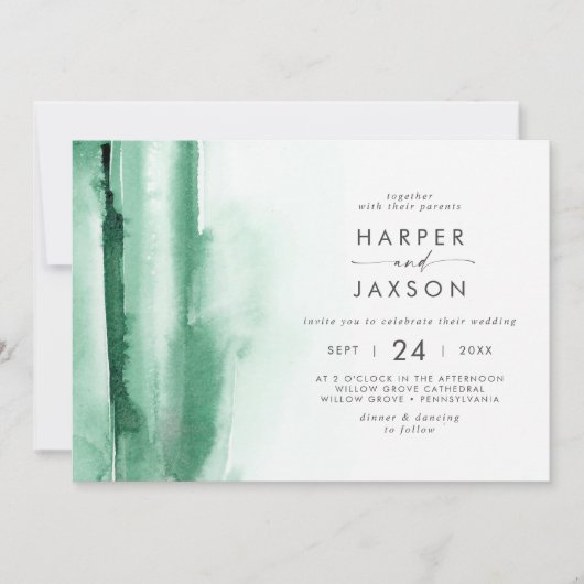 Invitation Aquarelle moderne | Mariage horizontal vert (Devant)