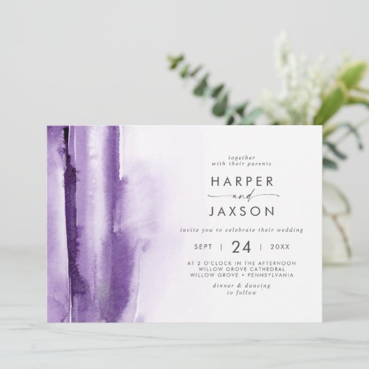 Invitation Aquarelle moderne | Mariage horizontal violet (Debout devant)