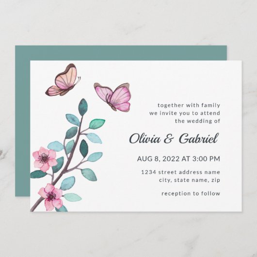 Invitation Aquarelle moderne. Mariage romantique dans le jard (Devant / Derrière)