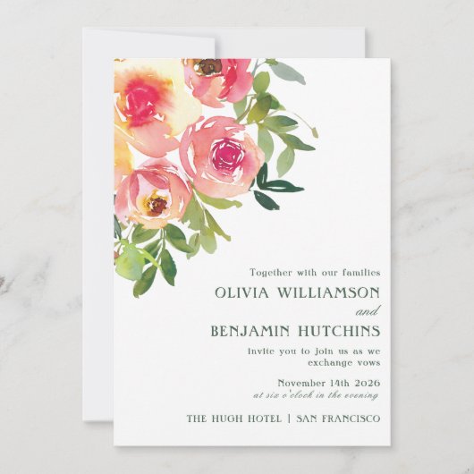 Invitation Aquarelle moderne Mariage rose rouge (Devant)