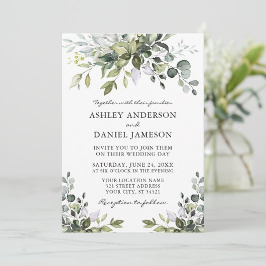 Invitation Aquarelle moderne Mariage vert (Debout devant)