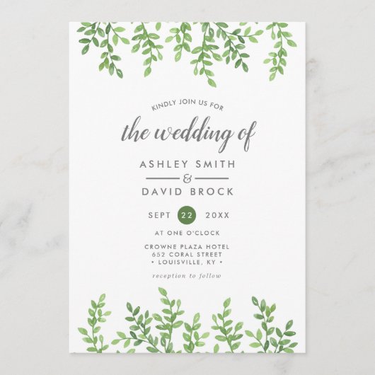 Invitation Aquarelle moderne Mariage vert (Devant)