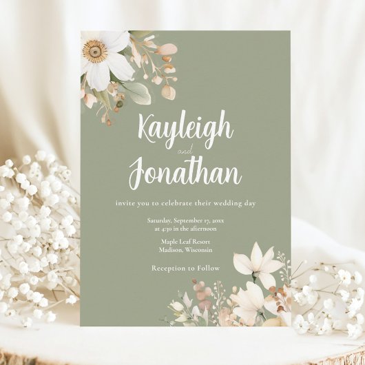 Invitation Aquarelle moderne Mariage vert Sage Floral