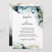 Invitation Aquarelle moderne Marine Bleu & Or Mariage (Devant / Derrière)