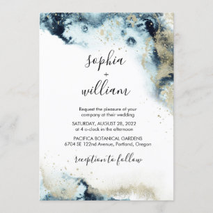 Invitation Aquarelle moderne Marine Bleu & Or Mariage