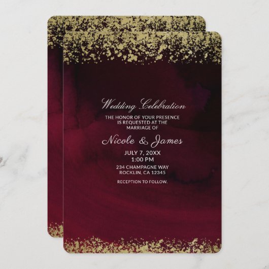 Invitation Aquarelle moderne Moody Maroon & Gold Mariage (Devant / Derrière)