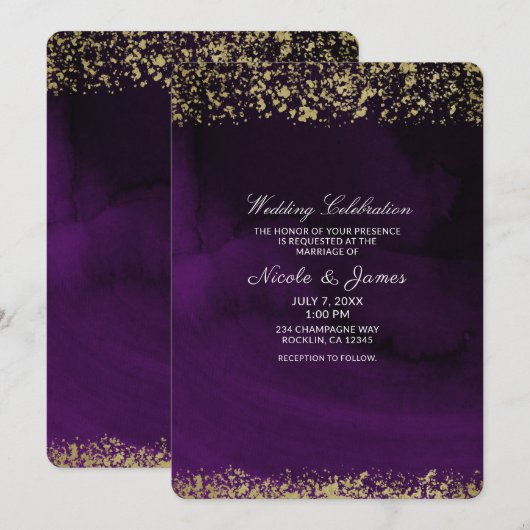 Invitation Aquarelle moderne Moody Royal Purple Gold Mariage (Devant / Derrière)