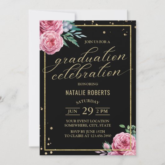 Invitation Aquarelle moderne Noir & Or Graduation Florale (Devant)