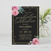 Invitation Aquarelle moderne Noir & Or Graduation Florale (Debout devant)