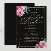 Invitation Aquarelle moderne Noir & Or Graduation Florale (Devant / Derrière)