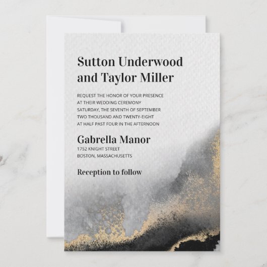 Invitation Aquarelle moderne noire et or (Devant)