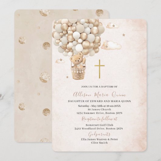 Invitation Aquarelle moderne Ours en peluche Baptême (Devant / Derrière)