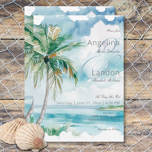Invitation Aquarelle Moderne Palms & Plage Mariage de scène